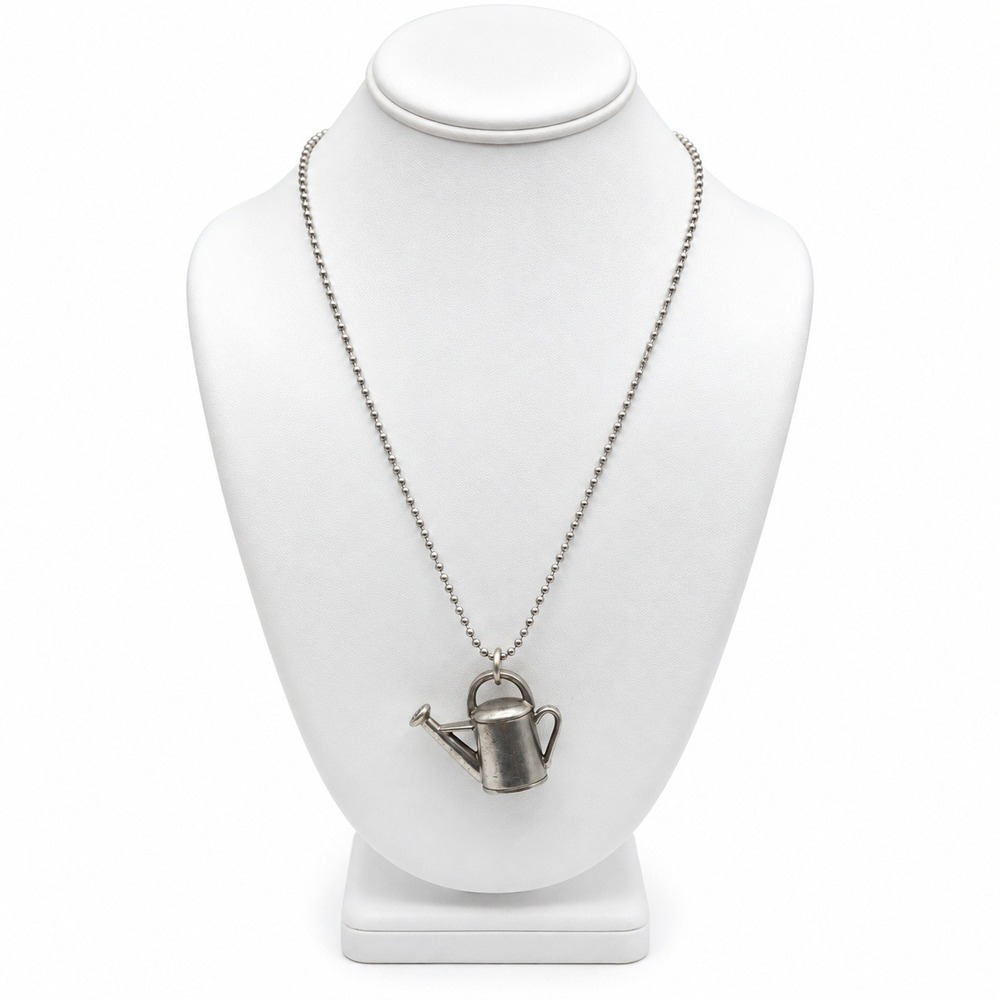 Jim Clift Signed Pewter Watering Can Pendant Necklace Silver Tone Vintage 30"